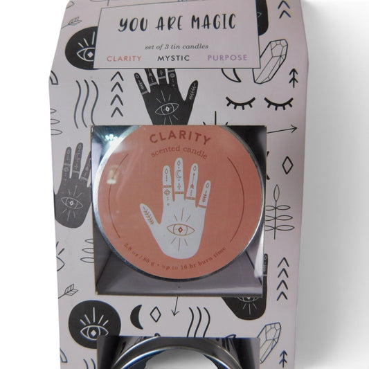 The Witches' Quest You Are Magic scented candle set featuring a Clarity candle in an orange tin with mystical art.