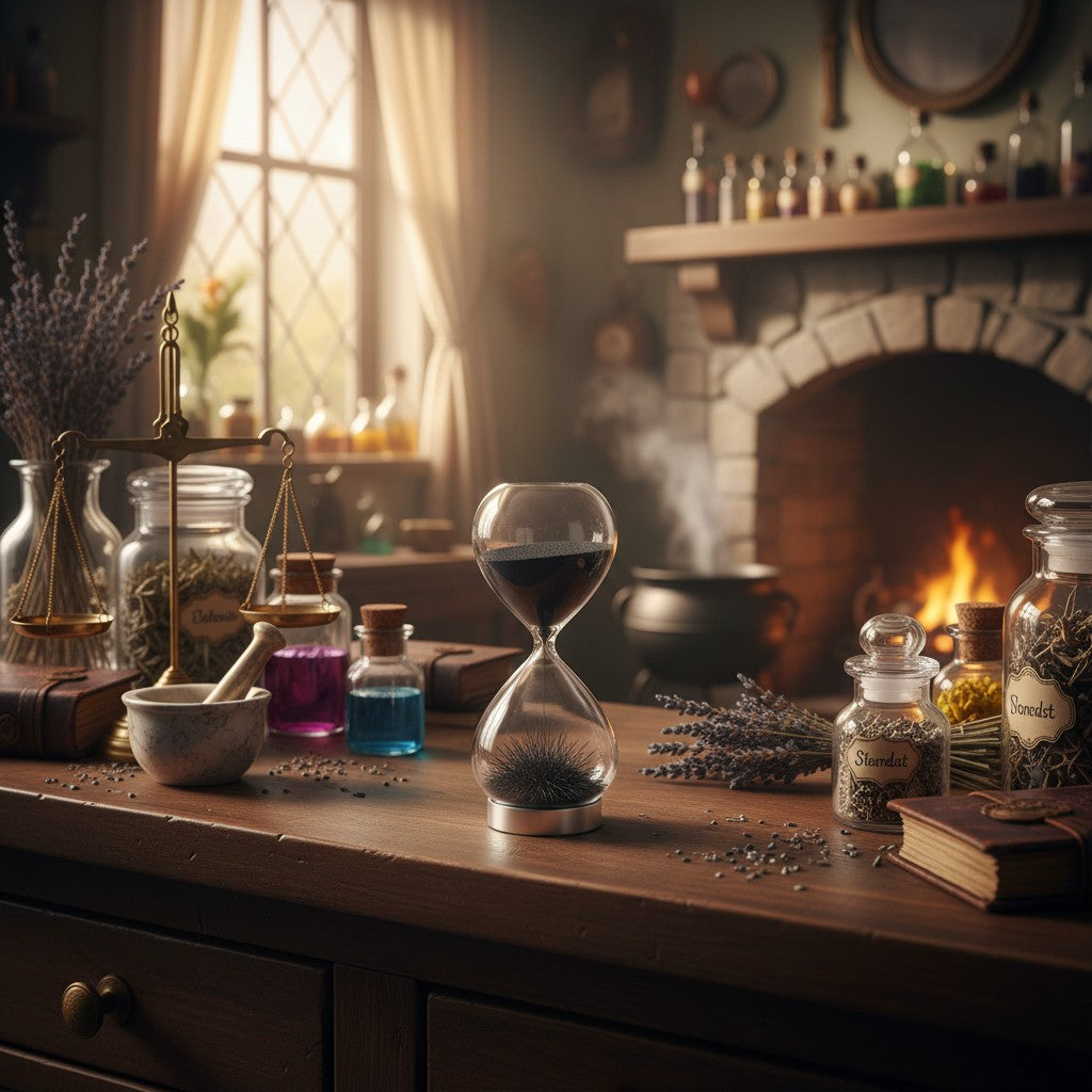 The Witches' Quest magnetic hourglass with black iron filings forming stalagmites on a rustic apothecary desk.