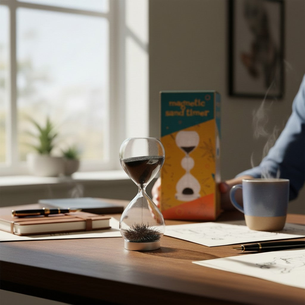 The Witches' Quest magnetic hourglass with black iron filings forming stalagmites on a desk with a coffee mug and box.