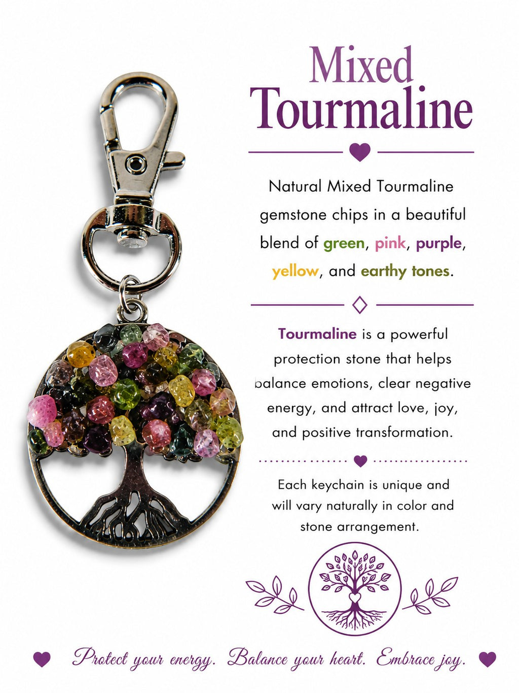 The Witches' Quest Tree of Life keychain featuring colorful mixed tourmaline gemstone chips on a silver-toned pendant.