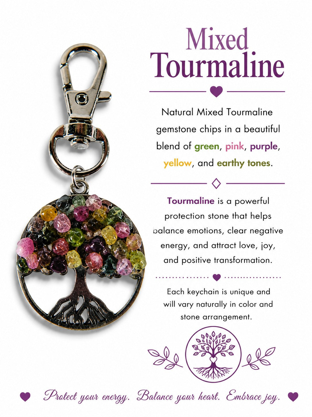 The Witches' Quest Tree of Life keychain featuring colorful mixed tourmaline gemstone chips on a silver-toned pendant.