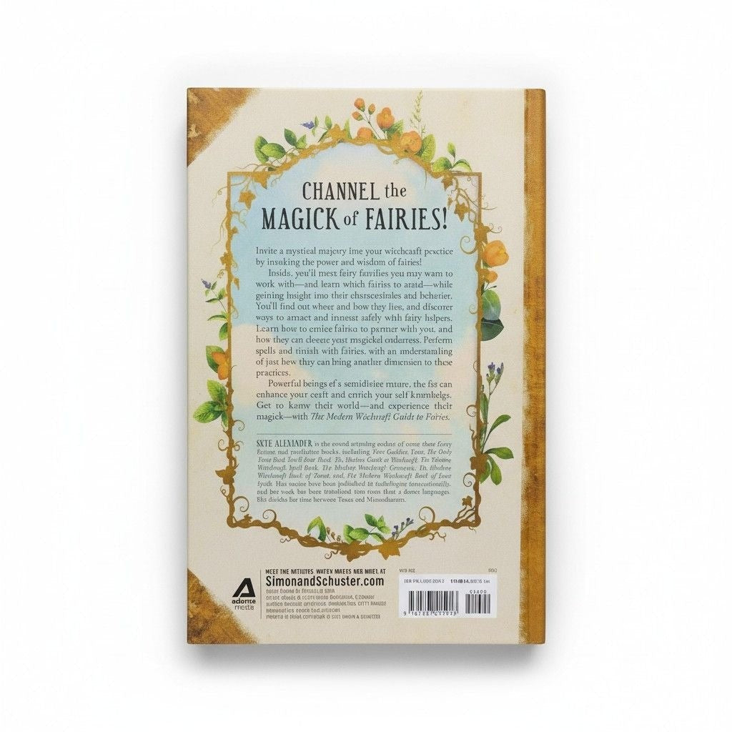 The Witches' Quest Modern Witchcraft Guide to Fairies hardcover book back cover with floral gold frame and text