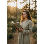 The Witches' Quest Modern Witchcraft Guide to Fairies hardcover book held by a woman in a garden at sunset