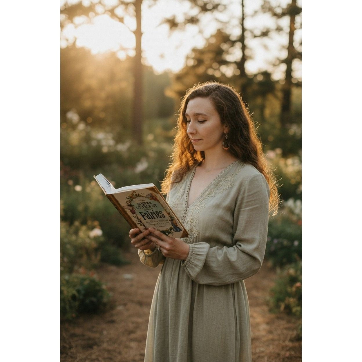 The Witches' Quest Modern Witchcraft Guide to Fairies hardcover book held by a woman in a garden at sunset