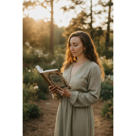 The Witches' Quest Modern Witchcraft Guide to Fairies hardcover book held by a woman in a garden at sunset