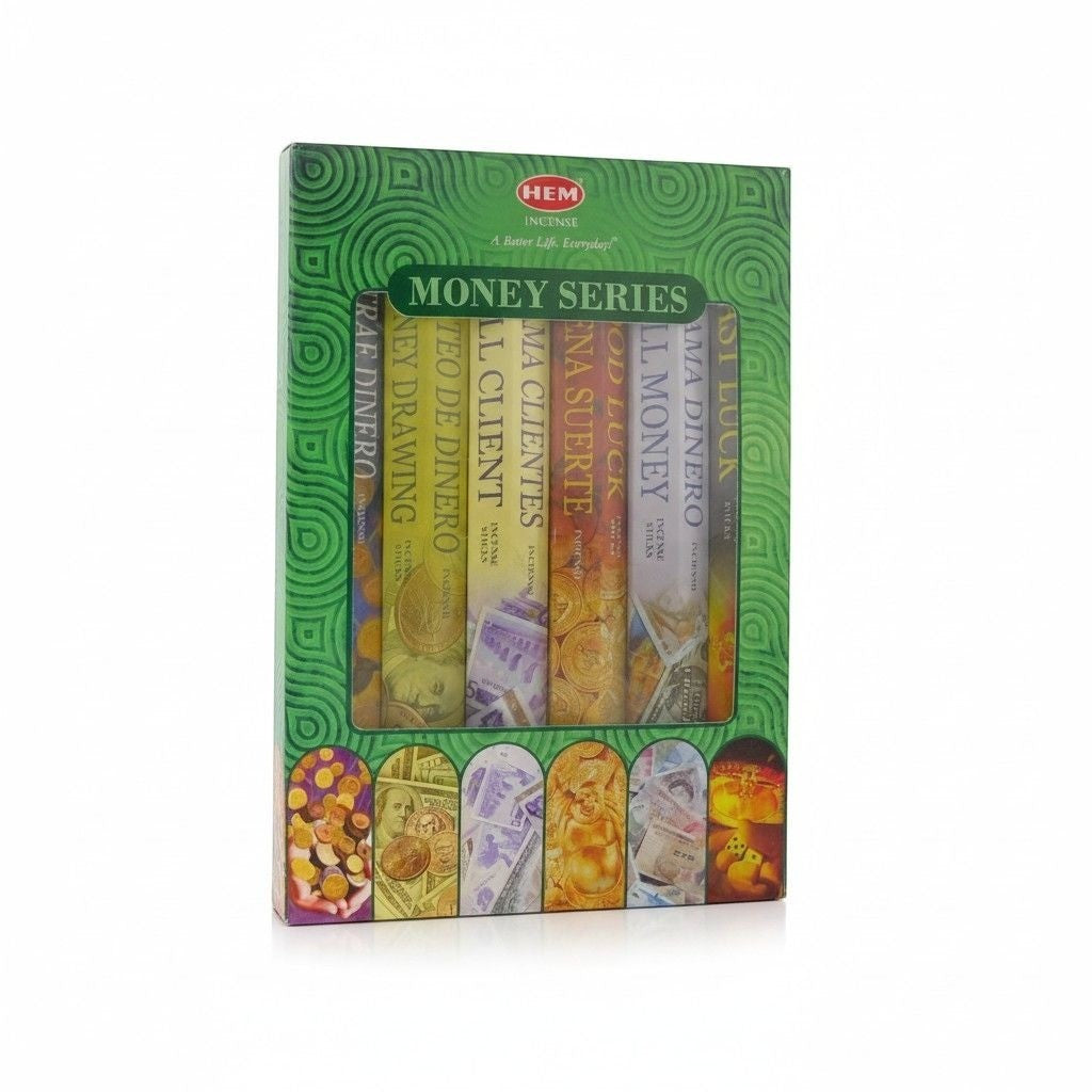 The Witches' Quest HEM Money Series incense stick collection in a green box featuring prosperity-themed imagery.