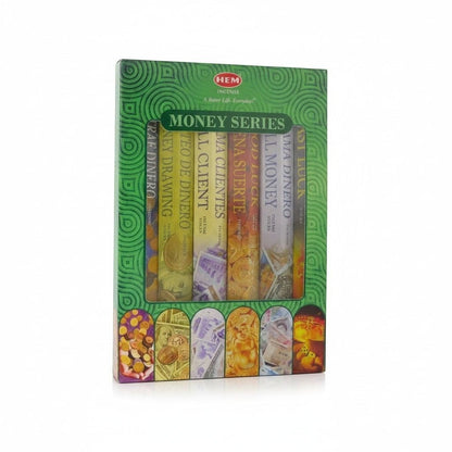 The Witches' Quest HEM Money Series incense stick collection in a green box featuring prosperity-themed imagery.