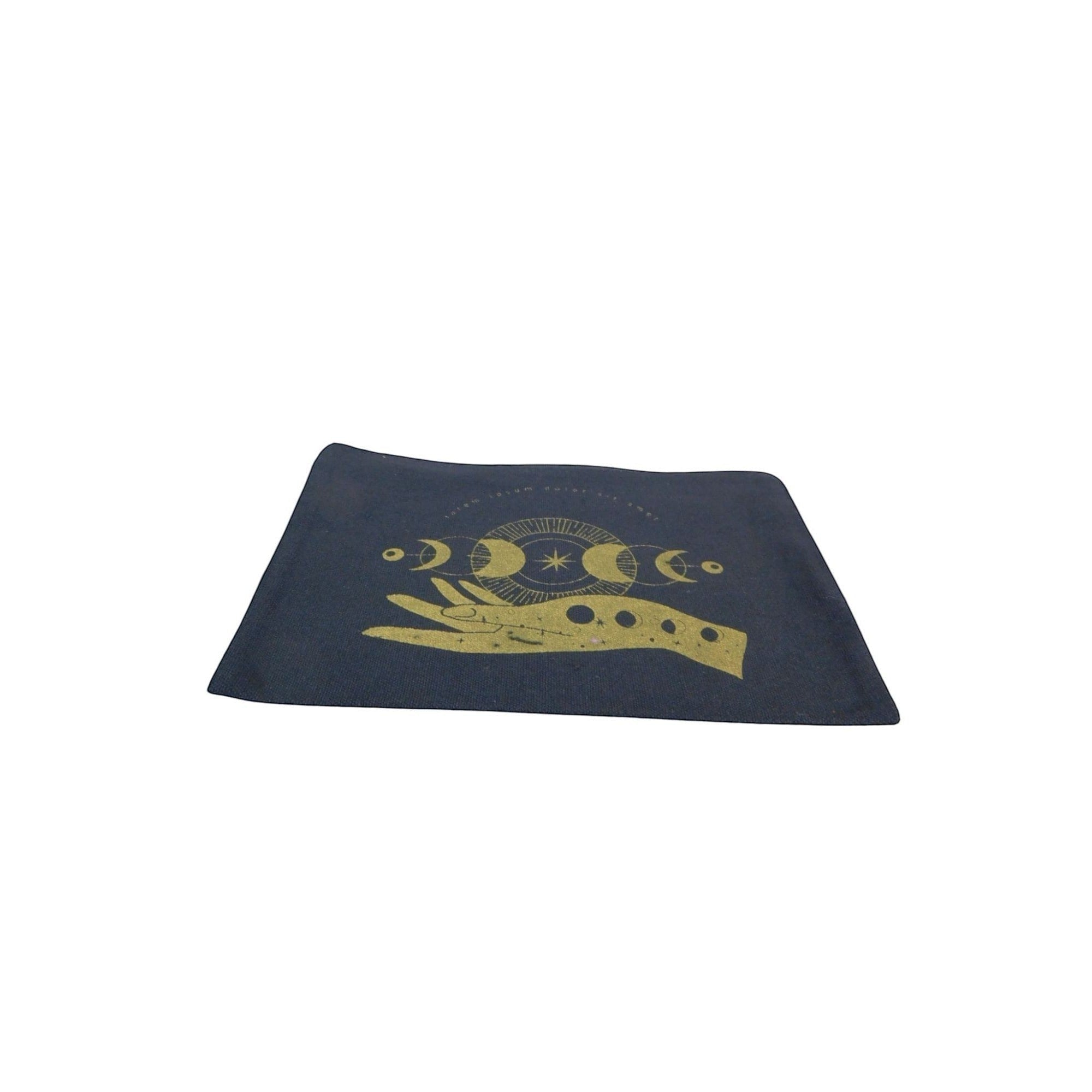 The Witches' Quest canvas zipper pouch in black with a gold moon phase and hand design for organizing small items.