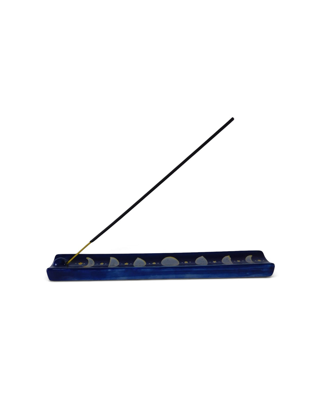 The Witches' Quest midnight blue ceramic incense holder featuring a hand-painted moon phase cycle and golden stars.