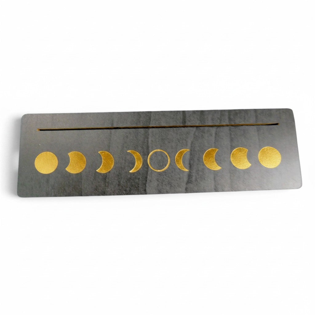 The Witches' Quest wooden moon phase tarot card display stand with gold laser-etched lunar cycle design