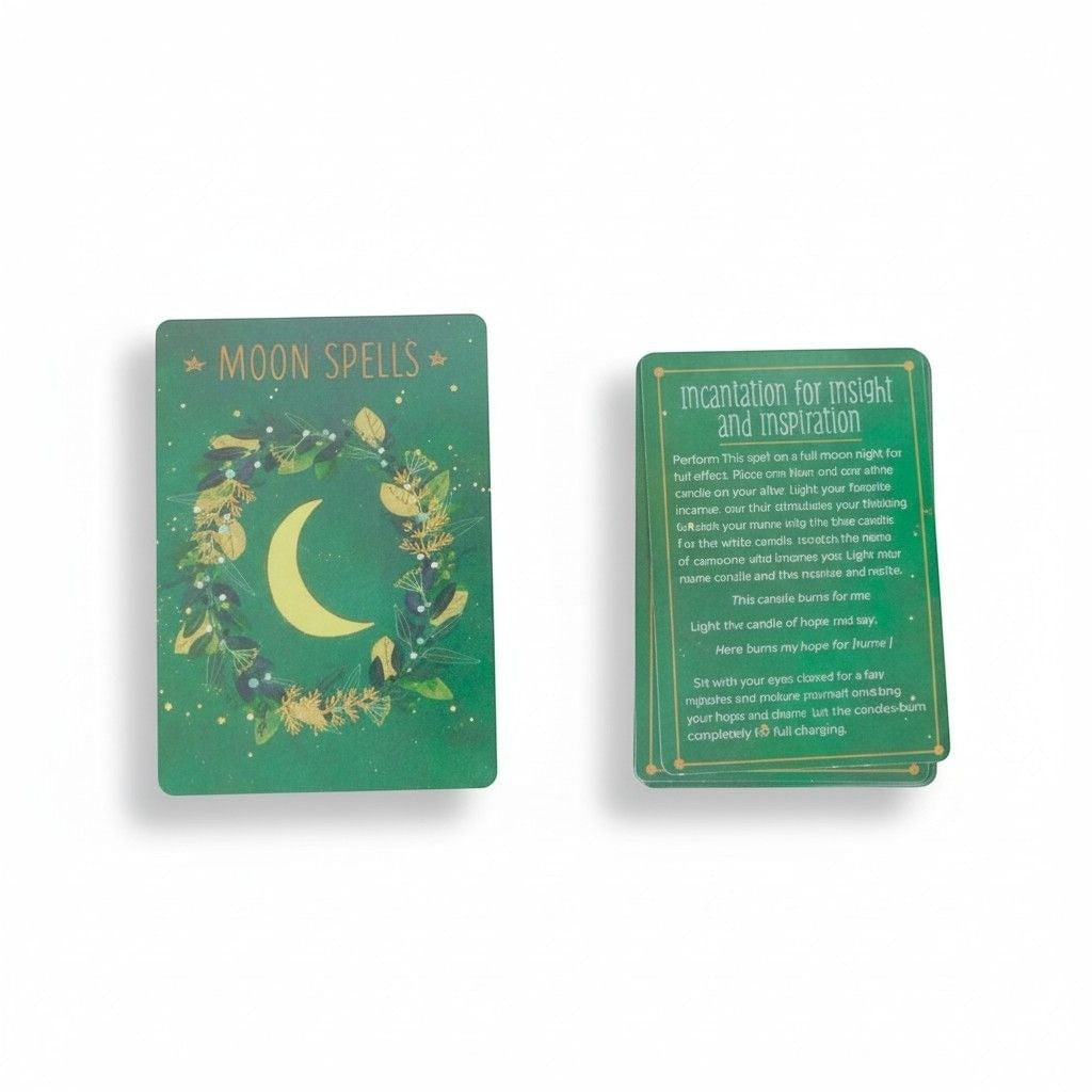 The Witches' Quest moon spells deck featuring green cards with botanical illustrations and gold moon motifs.
