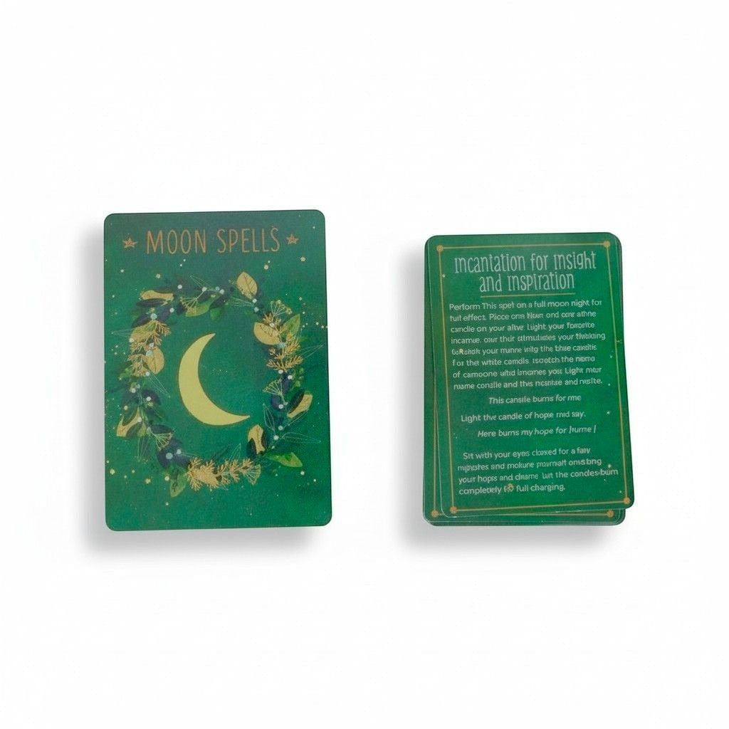 The Witches' Quest spell deck cards featuring a green moon spell card and an incantation card with botanical art.
