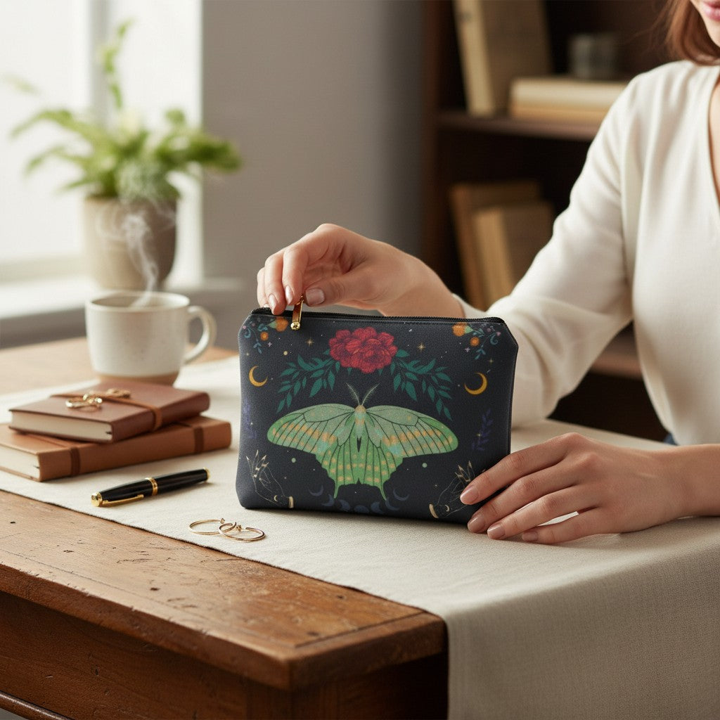 The Witches' Quest black cosmetic bag featuring a green luna moth, red flower, and gold celestial moon phase art.