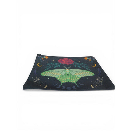 The Witches' Quest black cosmetic bag featuring a green luna moth, moon phases, and floral celestial artwork.