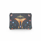 The Witches' Quest black fabric travel pouch featuring a colorful moth, moon phases, and celestial floral design.