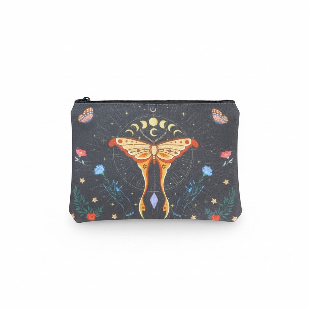 The Witches' Quest black fabric travel pouch featuring a colorful moth, moon phases, and celestial floral design.