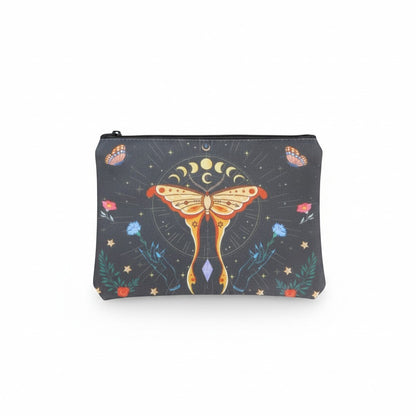 The Witches' Quest black fabric travel pouch featuring a colorful moth, moon phases, and celestial floral design.