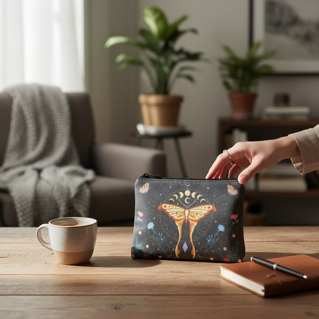 The Witches' Quest black fabric cosmetic pouch with mystical moth and moon phases design on a wooden desk.