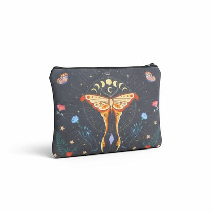 The Witches' Quest black fabric travel pouch featuring a mystical moth, moon phases, and celestial floral design.