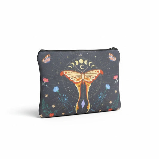 The Witches' Quest black fabric travel pouch featuring a mystical moth, moon phases, and celestial floral design.