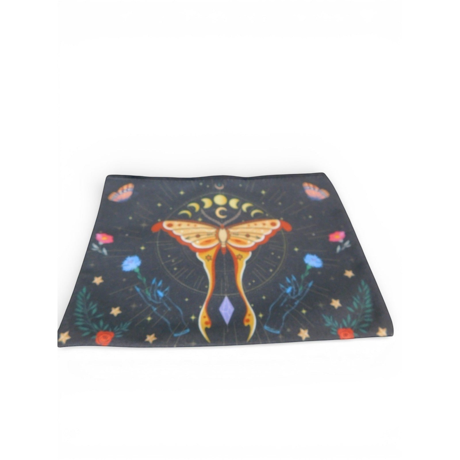 The Witches' Quest black fabric travel pouch featuring a colorful mystical moth, moon phases, and celestial design.
