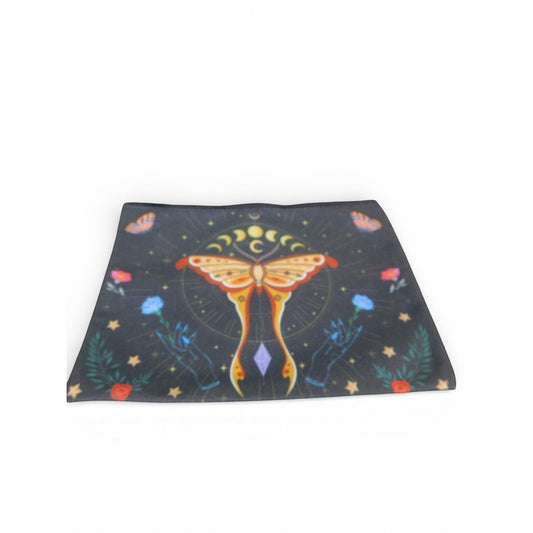 The Witches' Quest black fabric travel pouch featuring a colorful mystical moth, moon phases, and celestial design.