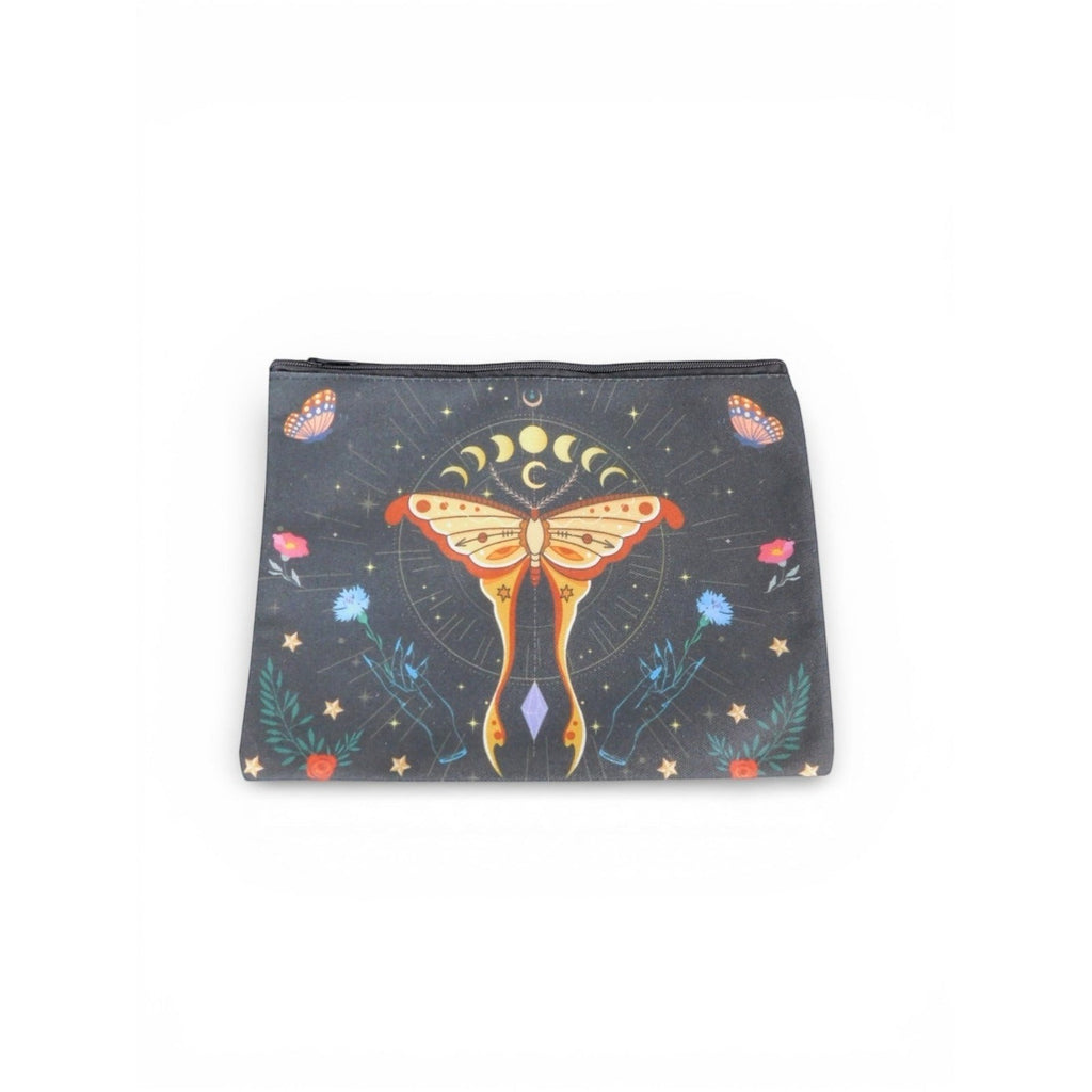 The Witches' Quest black fabric zippered pouch featuring a colorful mystical moth, moon phases, and celestial design.