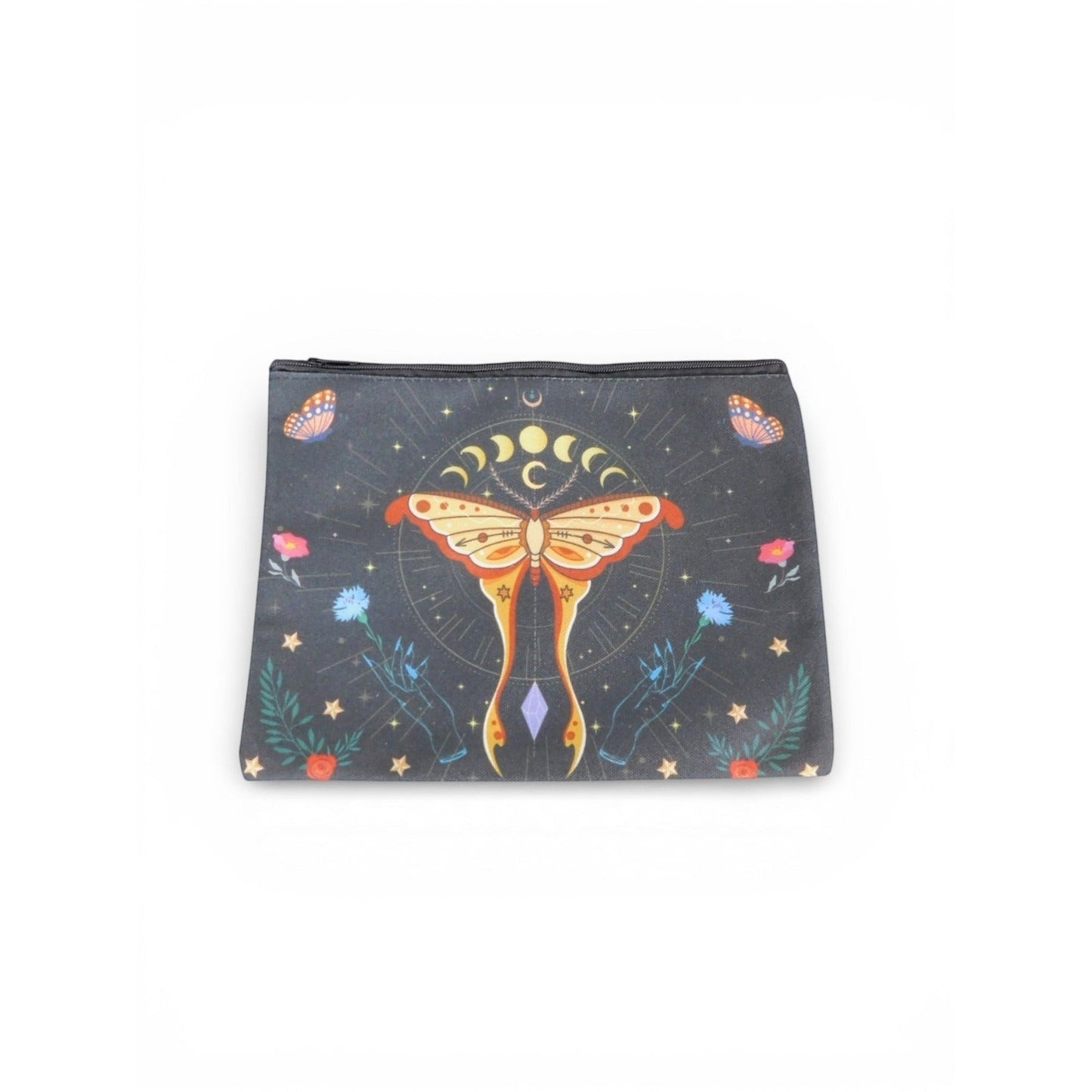 The Witches' Quest black fabric zippered pouch featuring a colorful mystical moth, moon phases, and celestial design.