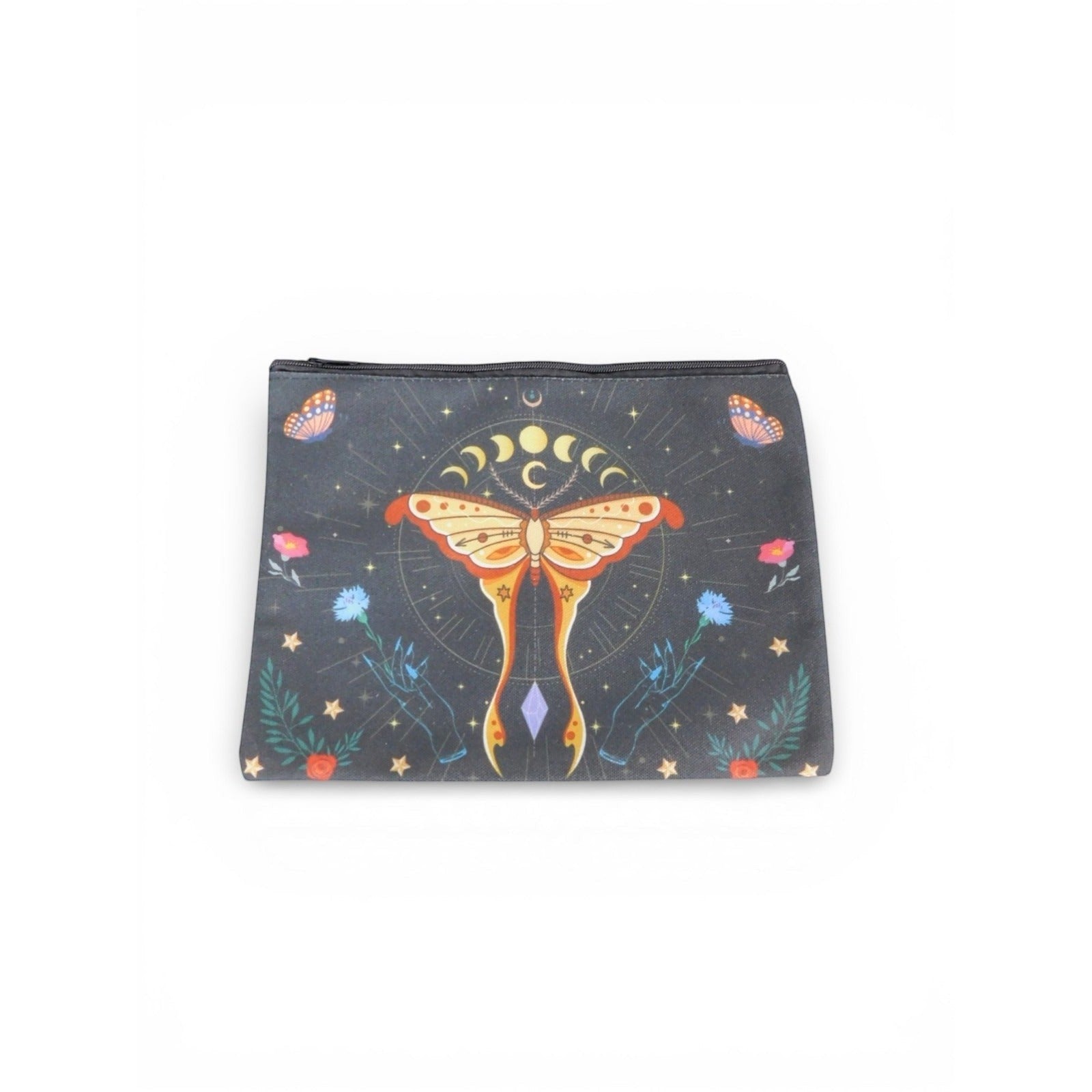 The Witches' Quest black fabric zippered pouch featuring a colorful mystical moth, moon phases, and celestial design.