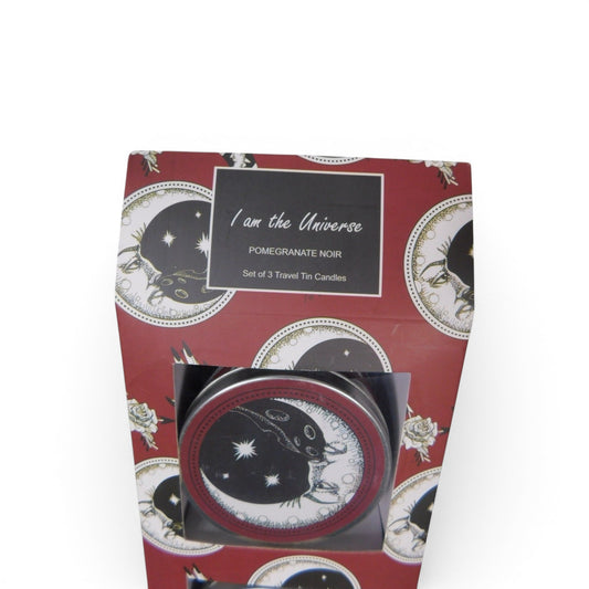 The Witches' Quest I Am The Universe pomegranate noir scented travel candle set in a celestial-themed gift box.