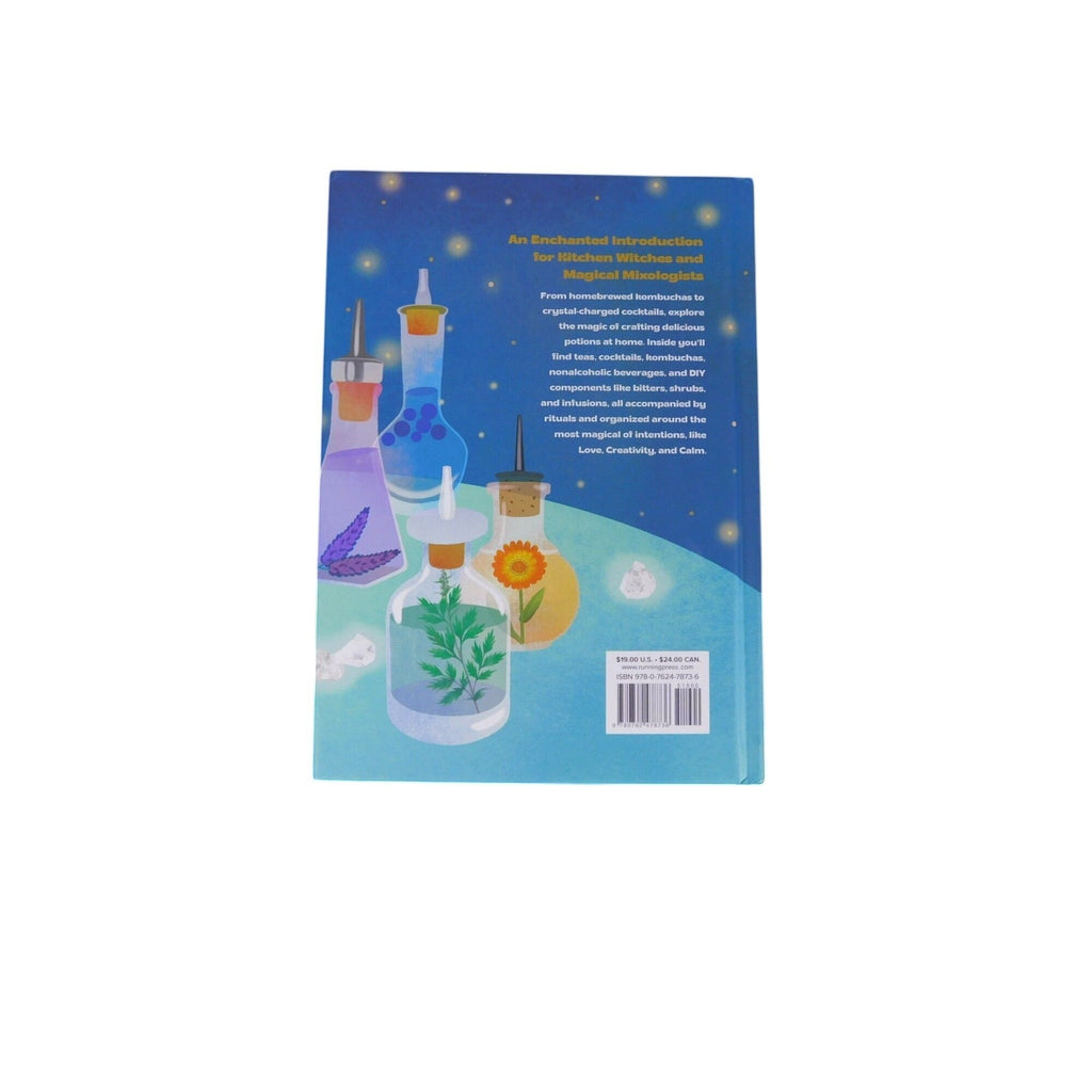 The Witches' Quest Potions cocktail guide book back cover featuring magical illustrations of glass bottles and herbs.