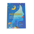 The Witches' Quest Potions hardcover book featuring a blue cover with a moon and profile illustration.