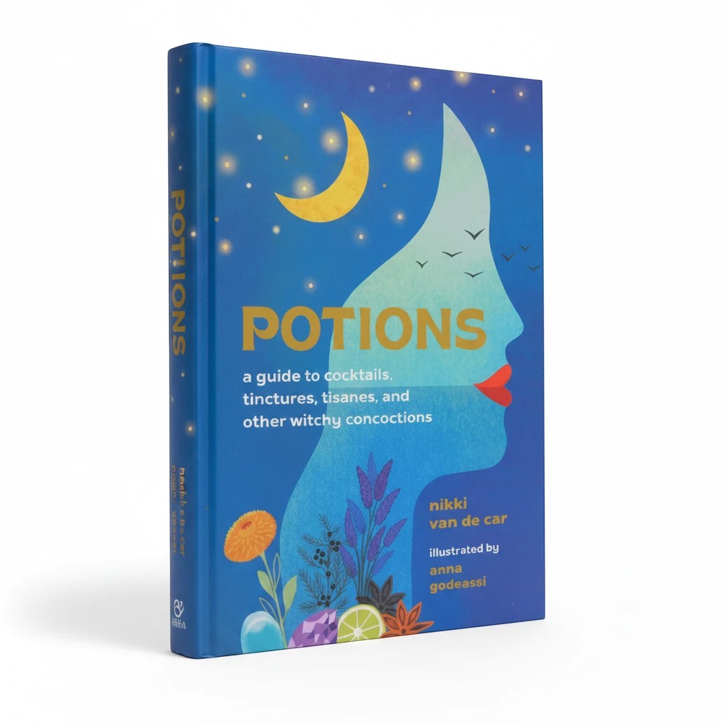 The Witches' Quest Potions hardcover book featuring a blue cover with a crescent moon and profile illustration.