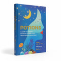 The Witches' Quest Potions hardcover book featuring a blue cover with a crescent moon and profile illustration.
