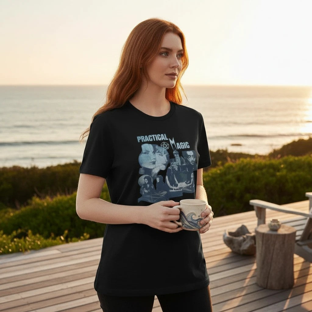The Witches' Quest black cotton crewneck t-shirt featuring a vintage Practical Magic graphic print worn by a woman.