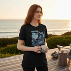 The Witches' Quest black cotton crewneck t-shirt featuring a vintage Practical Magic graphic print worn by a woman.