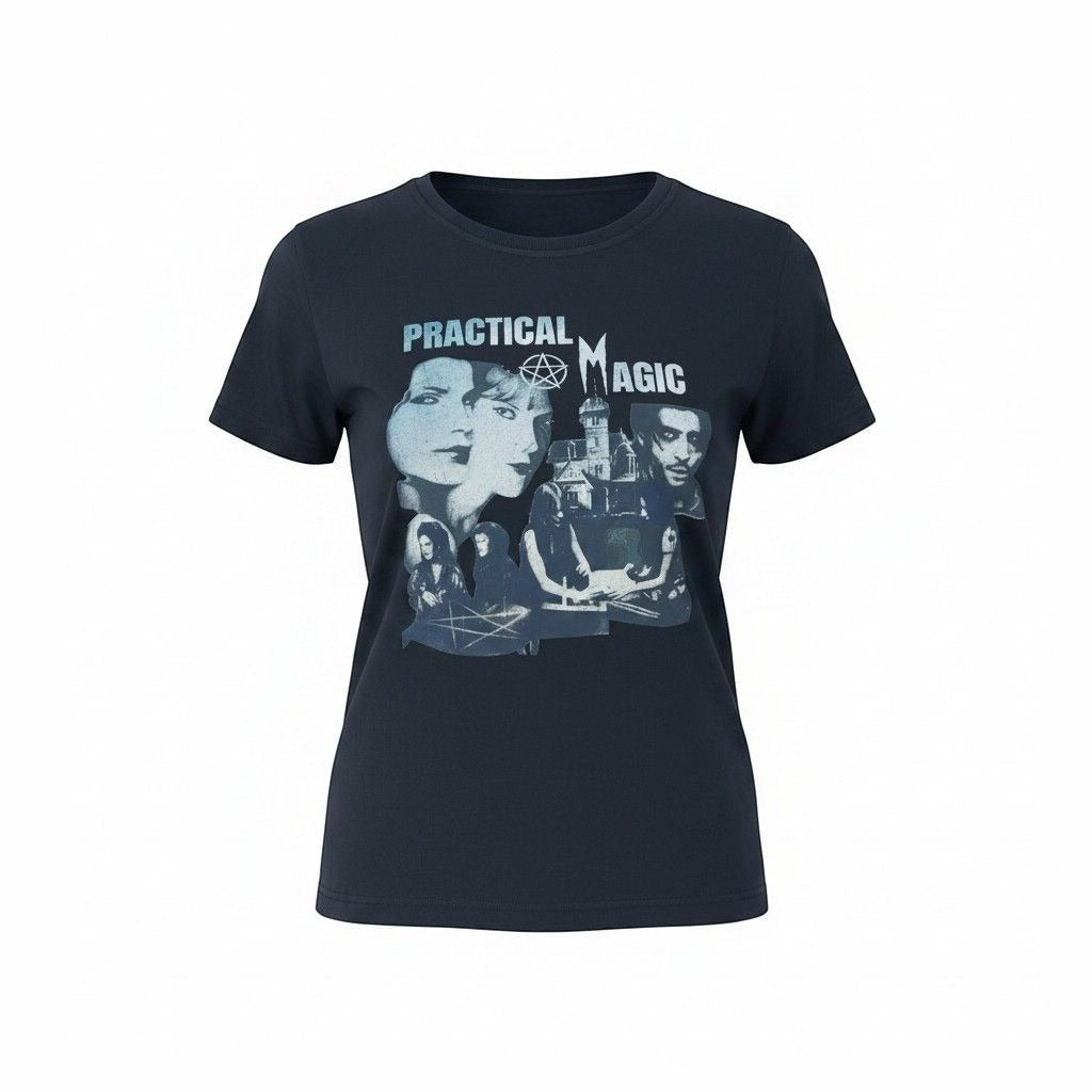 The Witches' Quest black cotton crewneck t-shirt featuring a vintage-inspired Practical Magic movie collage graphic.