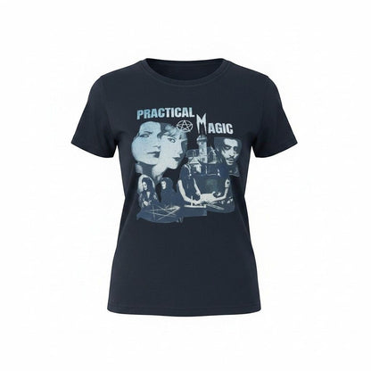 The Witches' Quest black cotton crewneck t-shirt featuring a vintage-inspired Practical Magic movie collage graphic.
