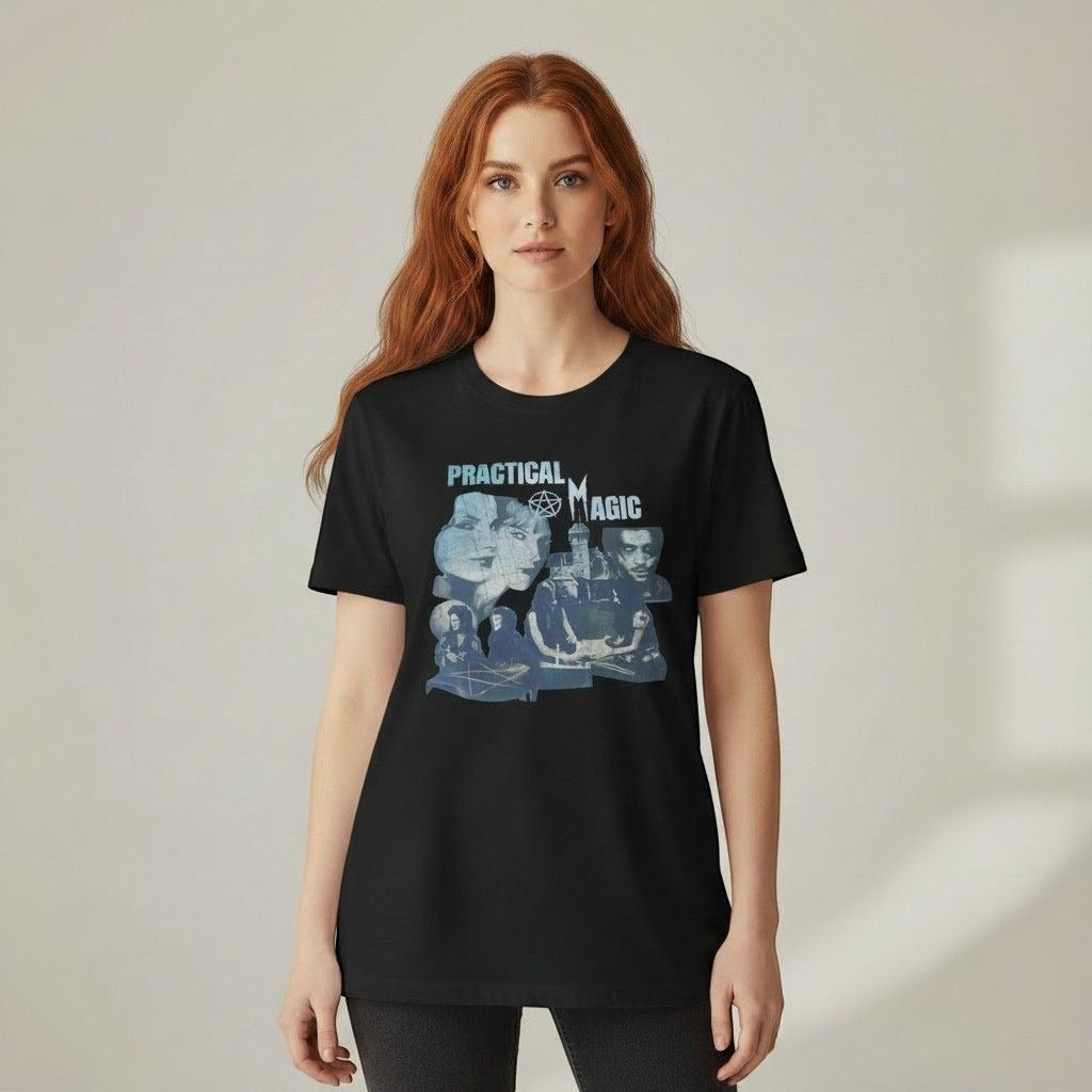 The Witches' Quest black cotton crewneck t-shirt featuring a vintage Practical Magic movie collage graphic print.