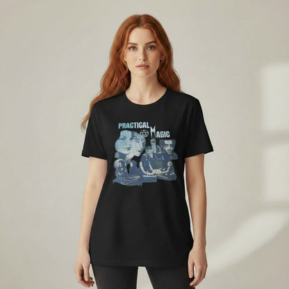 The Witches' Quest black cotton crewneck t-shirt featuring a vintage Practical Magic movie collage graphic print.