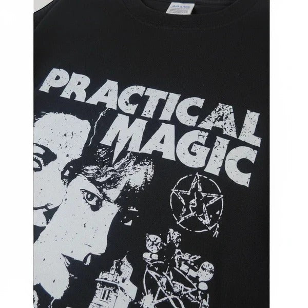 The Witches' Quest black cotton crewneck t-shirt featuring a distressed white Practical Magic film graphic print.