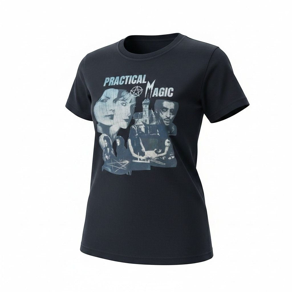 The Witches' Quest black cotton crewneck t-shirt featuring a vintage-inspired Practical Magic movie collage graphic.