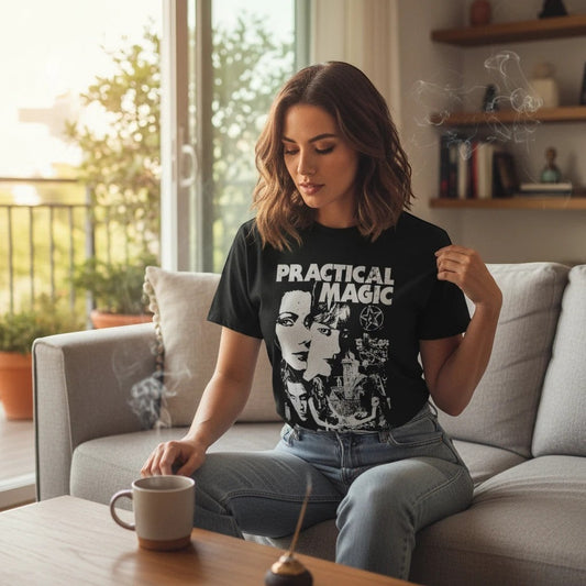 The Witches' Quest black cotton crewneck t-shirt with Practical Magic graphic print worn by a woman on a sofa.
