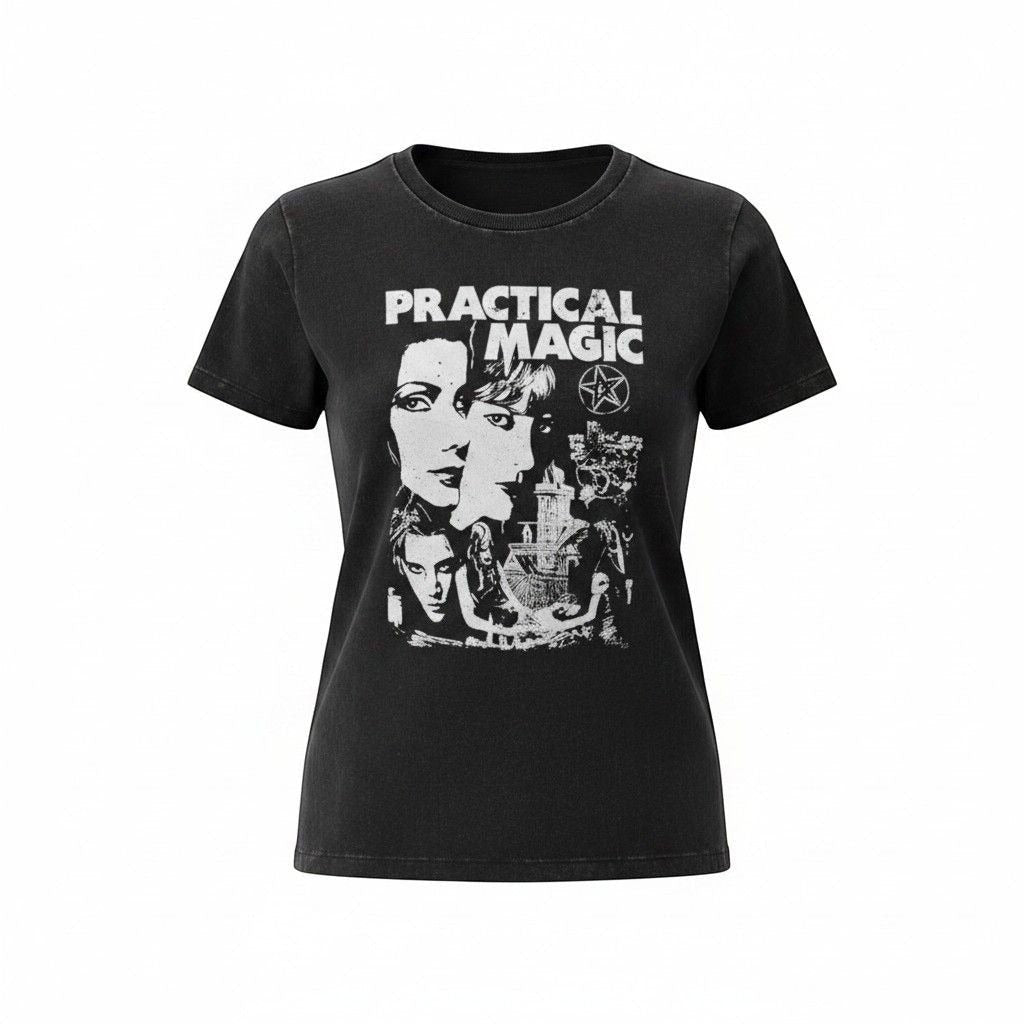 The Witches' Quest black cotton crewneck t-shirt featuring a vintage-style Practical Magic movie graphic print.