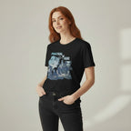 The Witches' Quest black cotton crewneck t-shirt featuring a vintage Practical Magic graphic print on a female model.