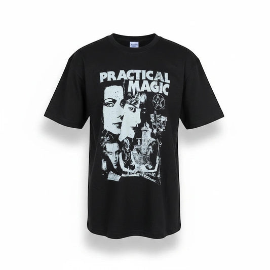 The Witches' Quest black cotton crewneck t-shirt featuring a white Practical Magic graphic print.