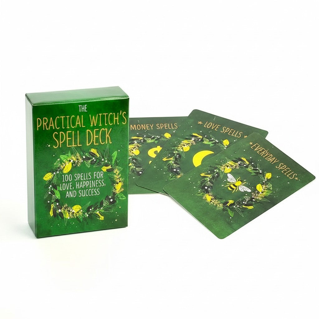 The Witches' Quest Practical Witch's Spell Deck with green botanical cards featuring gold text and illustrations.