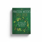 The Witches' Quest Practical Witch's Spell Deck featuring a green box with botanical wreath and gold text.