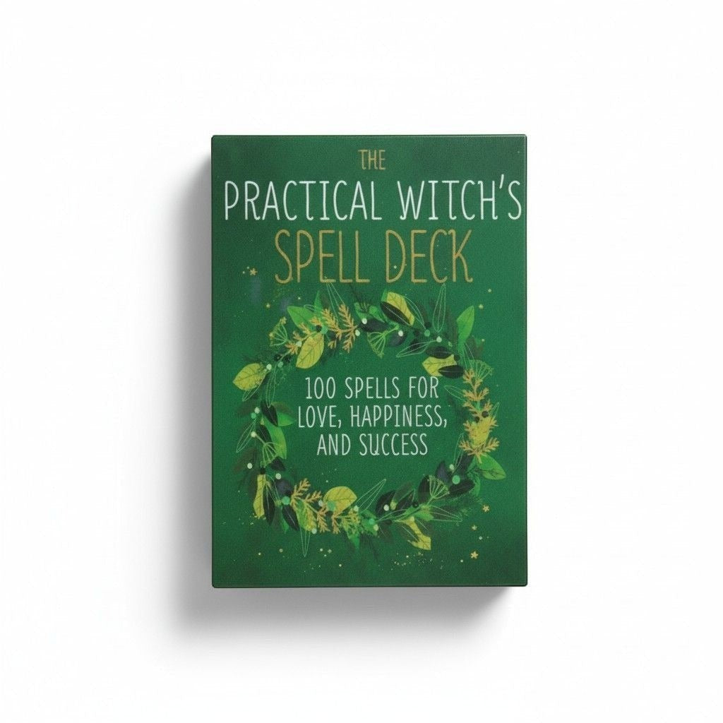 The Witches' Quest Practical Witch's Spell Deck featuring a green box with botanical wreath and gold text.