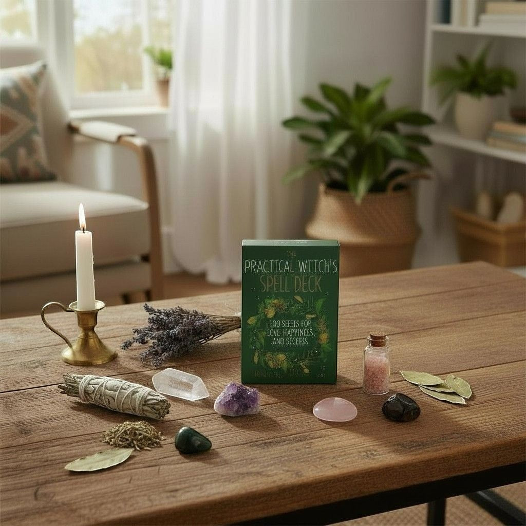 The Witches' Quest Practical Witch's Spell Deck box on a wooden table with crystals, sage, and a candle.